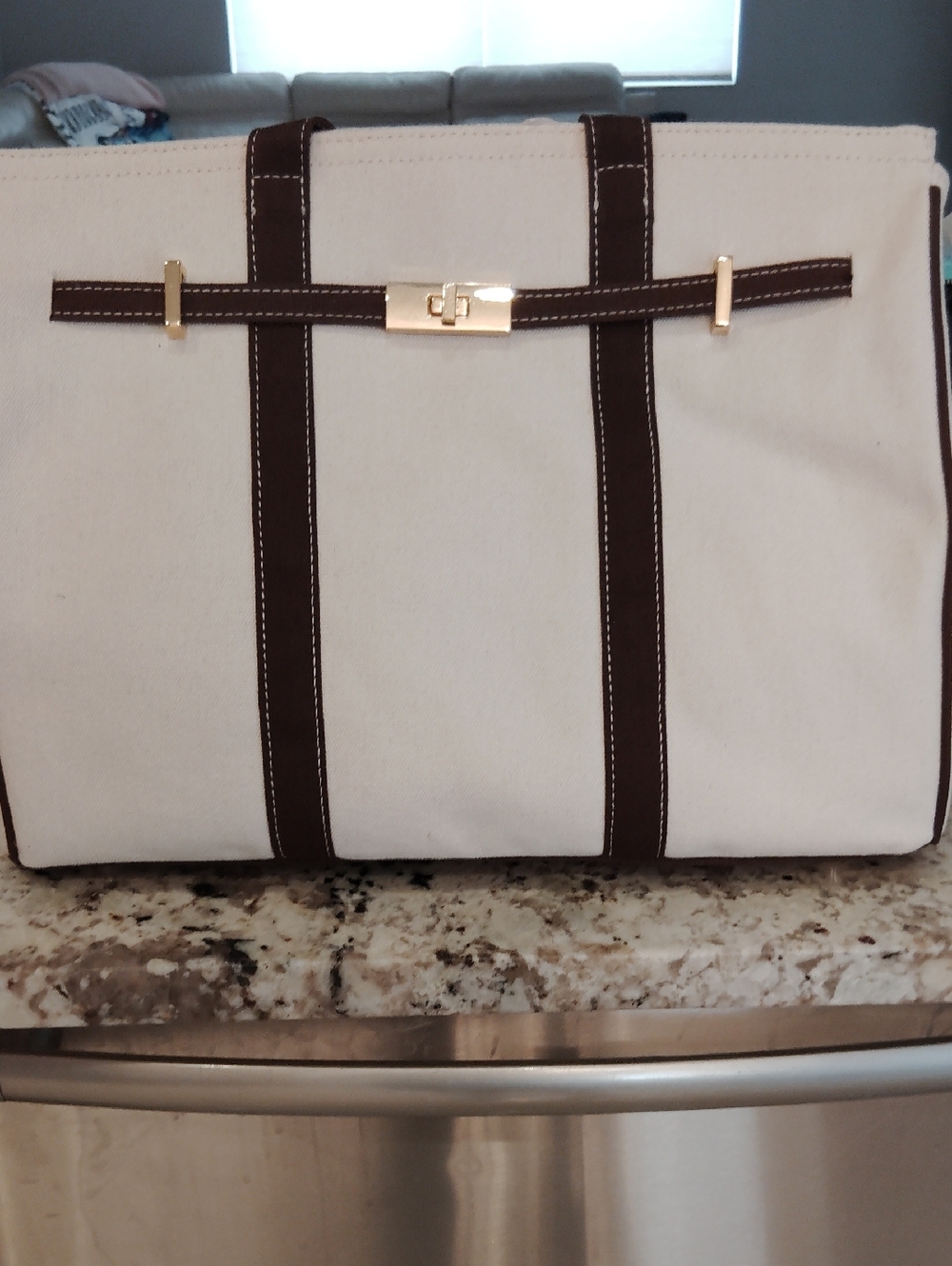 Canvas Tote Bag with Brown Trim - Unbranded Designer  So Cute Summer 🏝️ Fun
